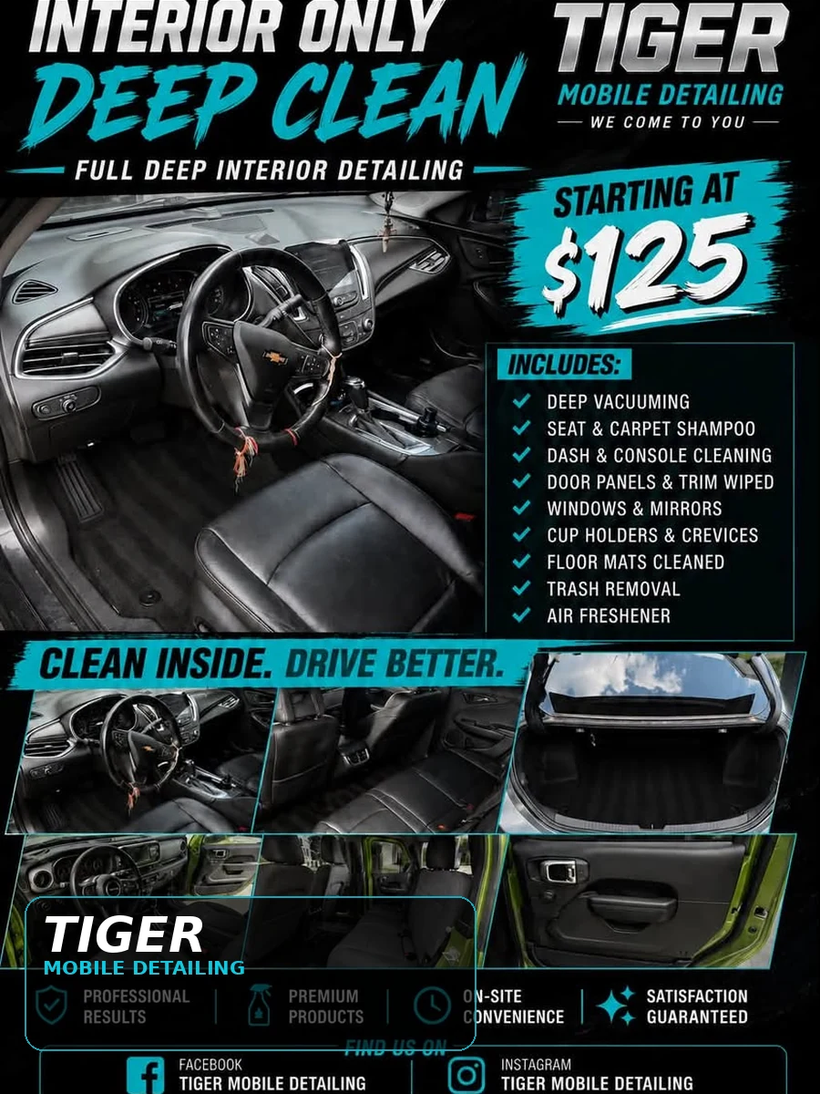 Tiger Mobile Detailing interior deep clean package and service highlights